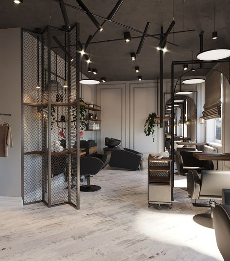 Salon Black Ceiling, Industrial Hair Salons, Salon Lighting Ideas Ceiling, Dark Hair Salon, Black Salon Interior, Hairsalon Inspiration, Industrial Salon Design, Small Salon Ideas, Botique Interiors