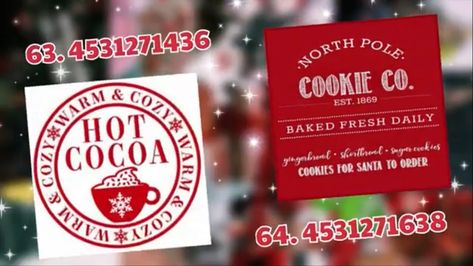 Bloxburg Christmas Food Decals Codes, Christmas Bloxburg Decal Codes, Bloxburg North Pole Layout, Bloxburg Decals Codes Tv Christmas, Bloxburg Winter Wonderland, Bloxburg Sledding Hill, Christmas Town Bloxburg, Christmas Movie Decals Bloxburg, Bloxburg Christmas Pj Codes