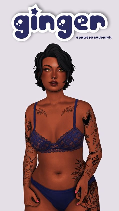 GINGER - A TATTOO SET 💙 | Patreon Sims4 Tattoo Cc, Sims4 Tattoo, Ginger Tattoo, Sims 4 Tattoos, Sims 4 Piercings, San Myshuno, Sims 4 Traits, The Sims 4 Skin, Free Sims 4