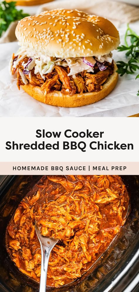 This slow cooker shredded bbq chicken recipe is packed with flavor and super easy to make. It results in tender, fall-apart chicken that's perfect for sandwiches, wraps, tacos, salads and more. Bbq Chicken Recipe, Slow Cooker Shredded Chicken, Shredded Bbq Chicken, Bbq Chicken Sandwich, College Food, Slow Cooker Bbq Chicken, Bbq Chicken Crockpot, Shredded Chicken Tacos, Sandwiches Wraps