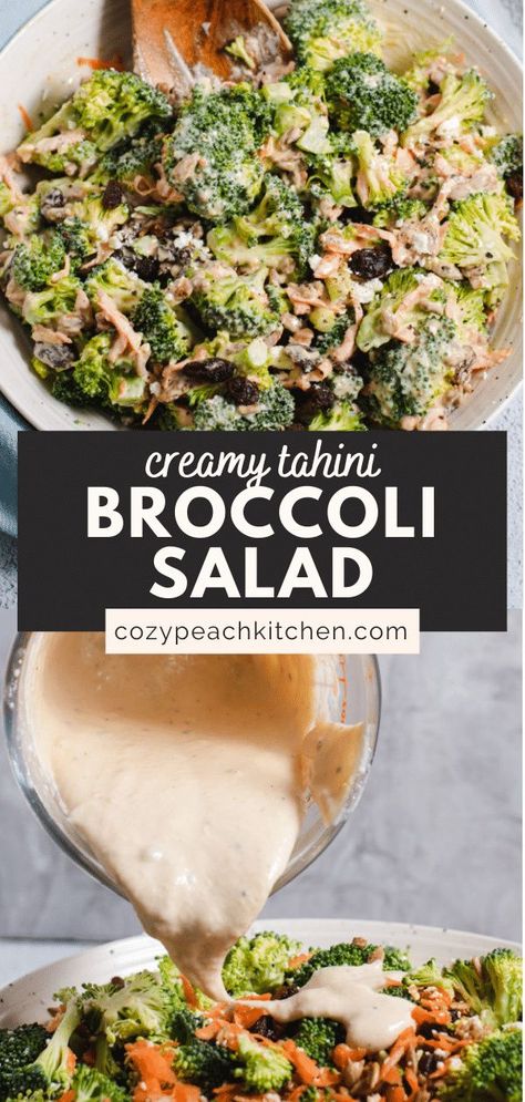 This creamy Tahini Broccoli Salad is a flavorful and easy way to mix up a classic summer recipe! Perfect for BBQs, picnics or as a vegetarian side. #vegetarian #broccoli #potluckrecipes Broccoli Chopped Salad, Broccoli Salad With Tahini Dressing, Tahini Broccoli Crunch Salad, Easy Broccoli Salad Healthy, Shredded Broccoli Salad, Cold Broccoli Recipes, Creamy Tahini Broccoli Crunch Salad, Mediterranean Broccoli Salad, Brocolli Salad Recipes Healthy