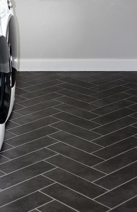 Black Herringbone Tile, Living Room Floor Tiles, Laundry Room Tile, Herringbone Tile Floors, White Laundry Rooms, Black Floor Tiles, Laundry Room Flooring, White Laundry, Room Tiles