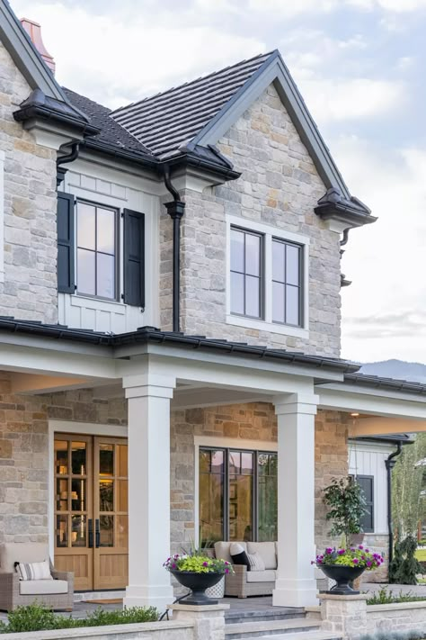 Grey Home Exterior With Stone, Stone Colonial House Exterior, Grey Stone House Exterior, Transitional Farmhouse Exterior, Transitional Colonial, Craftsman House Exterior, Hamptons Houses, Grey Photos, Colonial House Exteriors