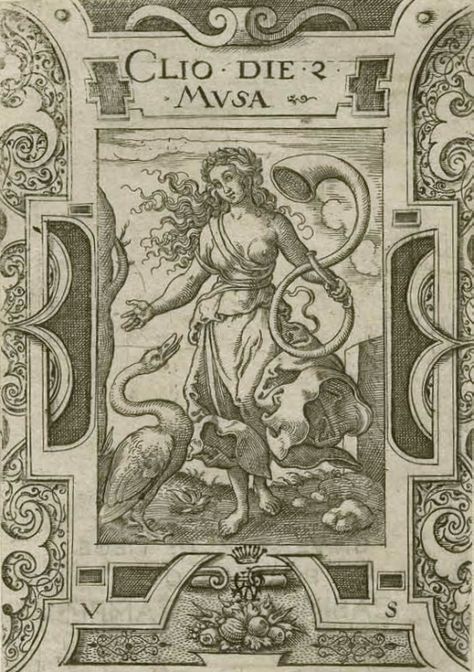 Clio, Muse of History (Virgil Solis, 1562) Clio Muse Tattoo, Clio Muse Of History, Clio Muse, 9 Muses, Greece Mythology, Greek Mythology Gods, Classical Mythology, Alternative Names, Roman Gods