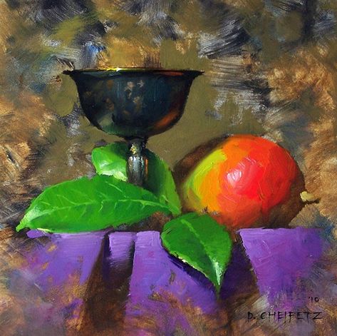 Leaves & Mango by David Cheifetz, Oil, 6 x 6 Paintings With Purple, David Cheifetz, Avocado Painting, Purple Cloth, Painting Impressionism, Still Life Photos, Landscape Art Painting, Daily Painting, Painting Still Life