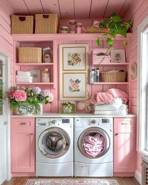 Pink Laundry Room, Pink Laundry, Bathroom Colours, Pink Laundry Rooms, Dream Laundry Room, Pink Furniture, Cozy Homes, Small Laundry Rooms, Small Laundry Room