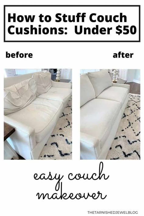 how to stuff saggy couch cushions: under $50 Stuff Couch Cushions, Make A Couch, Diy Couch Cushions, Diy Couch Cover, How To Make Sofa, Diy Sofa Cover, Couch Makeover, Couch Slipcover, Couch Cushion Covers