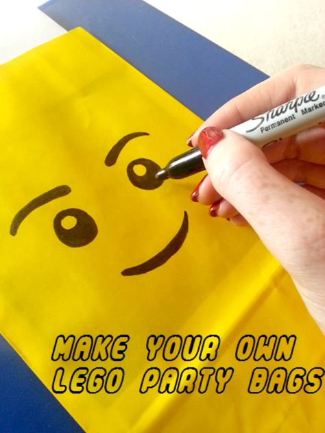 21 LEGO Party Ideas - Take a look at how easy you can achieve a totally unique Party for your kids who are into LEGO on a budget.DIY Lego Party Bags with Smiley Face.                                                                                                                                                                                 More Lego Party Bags, Lego Classroom, Lego Birthday Party Ideas, Lego Superheroes, Ninja Go, Ninjago Birthday Party, Lego Themed Party, Ninjago Birthday, Ninjago Party