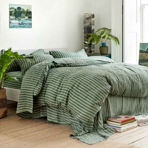 100% Linen Duvet Cover in Pine Green Stripe White And Green Bedding, Piglet In Bed, Bed Linen Ideas, Bold Eclectic, Apartment Mood Board, Dorm Decoration, Linen Duvet Cover, Emily Henderson, Green Bedding