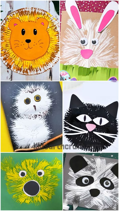 Animal Paintings Using Fork Animal Fork Painting, Fork Art Painting, Pet Art Projects, Fork Painting For Kids, Animal Art For Kids, Fork Painting, Animal Art Projects For Kids, Kindergarden Art, Painting Crafts For Kids