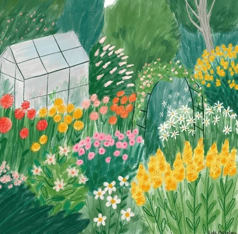 Cute Garden Illustration, Gardening Illustration, Random Illustration, Painting Leaves, Community Gardens, Garden Illustration, French Flowers, Green Houses, Forest Garden