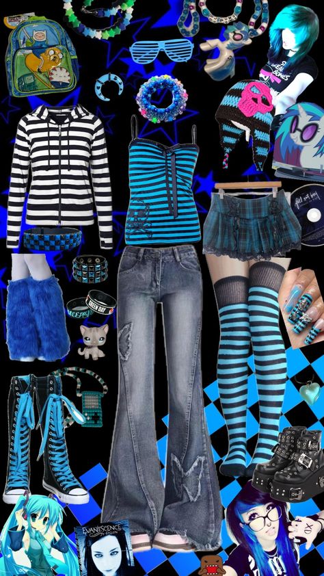 blue scene outfit - - - #scene #emo #alternative #2010s #tumblr #blue #scenekid #goth #domo #boots #converse #legwarmers #candy #bracelets #beads #bag #adventuretime #outfit #outfitinspo #outfitinspiration #inspiration #tanktop #jeans #belt #aestehthic #rave #skirt #stripes #hoodie #collage Blue Scene Outfits, Winter Scene Outfits, Blue Emo Aesthetic, Scenecore Outfit, Scenecore Aesthetic, Scene Skirt, Scene Fits, Leg Warmer Outfit, Grunge Aesthetic Clothes