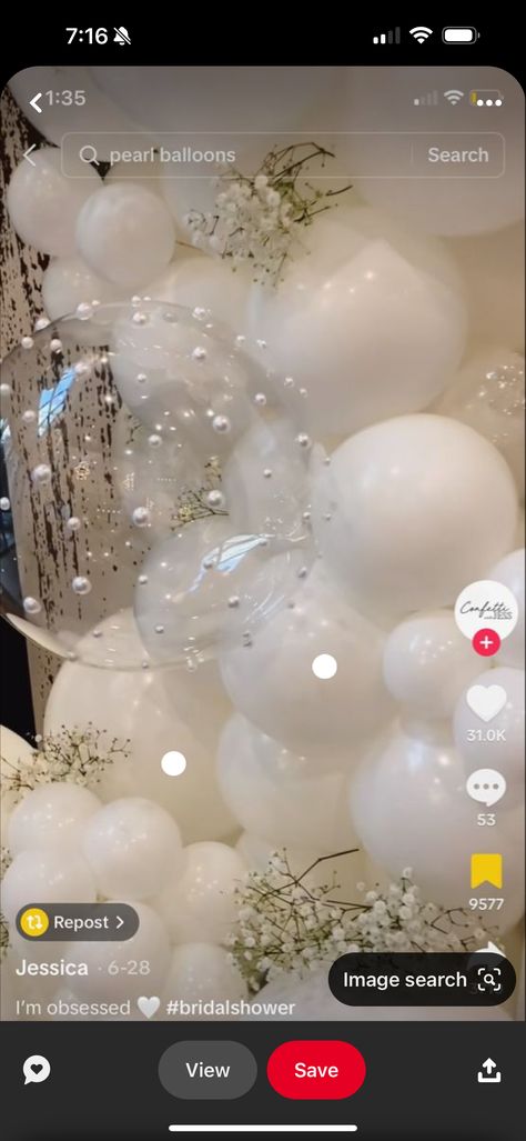 Winter Theme Wedding Shower Ideas, Neutral Wedding Balloons, Pearl Engagement Party Decor, Pearl 30th Birthday, Pearl White Party Decorations, Twinkle Lights Bridal Shower, Pearl White Balloon Arch, Diamonds And Pearls Prom Theme, Night In White Party