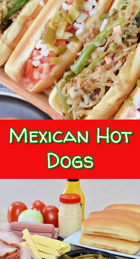 These Mexican hot dogs are filled with cheese, wrapped in a strip of bacon, and topped with delicious ingredients like pico de gallo and caramelized onions. Mexican Hot Dog Tacos, Mexican Street Hot Dogs Recipe, Spanish Hot Dog Sauce, Mexican Hot Dogs Recipes, Mexican Hot Dogs Bacon Wrapped, Mexican Hot Dogs, Mexican Sauce, Hot Dog Toppings, Wrapped In Bacon