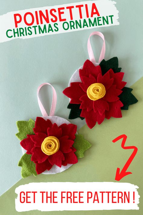 Felt Poinsettia Ornament Craft. If you love making Christmas ornaments, you've got to make these adorable Poinsettia ornaments! felt ornaments Poinsettia Ornaments Diy, Felt Poinsettia Diy, Poinsettia Ornaments, Felt Poinsettia, Making Christmas Ornaments, Felt Ornaments Diy, Leaf Cutout, Ornament Craft, Homemade Ornaments