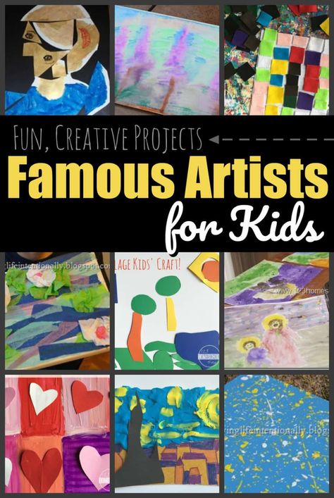 Famous Artists for Kids - lots of fun projects and crafts for kids to explore projects like van gogh, oney, matisse, polluck, etc. Plus we have a free famous artist report form; the tempalte works with any artist. #famousartists #artprojects #artforkids Impressionism Art Projects, Dr. Seuss Crafts, Famous Artists For Kids, Pollock Art, Free Worksheets For Kids, Valentine Art Projects, Preschool Play, Artist Study, Montessori Art