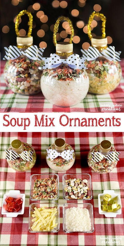 Diy Soup Mix Ornaments, Soup Mix Recipes Dry For Gifts, Soup Mix In An Ornament, Soup Gift Basket Ideas Holidays, Batch Christmas Gifts, Dip Mixes In Ornaments, Soup Mix Ornaments, Christmas Soup Gift Basket Ideas, Best Christmas Food Gifts