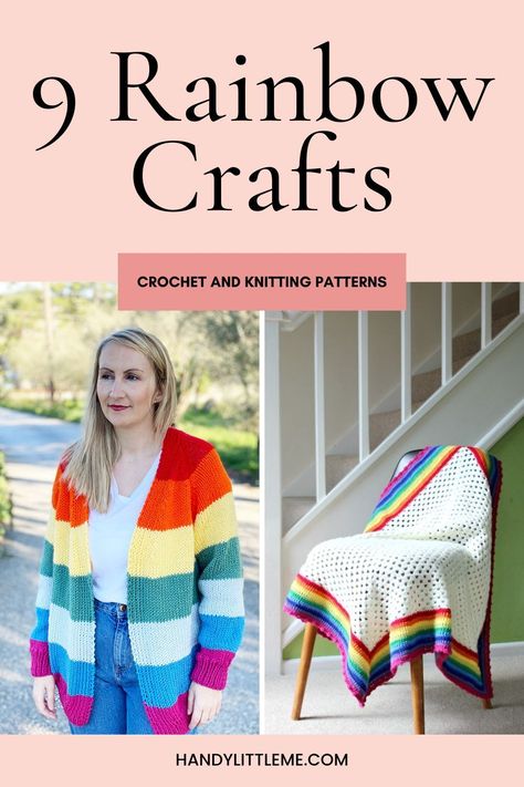 9 Easy Rainbow Crafts. Easy rainbow crafts, including both knitting and crochet patterns. #rainbow #rainbowcrafts #crafts Rainbow Diy Crafts, Rainbow Crochet Blanket Pattern, Knitted Dog Sweater Pattern, Free Knitting Patterns For Women, Blankets Crochet, Pom Crafts, Rainbow Diy, New Project Ideas, Colours Of The Rainbow