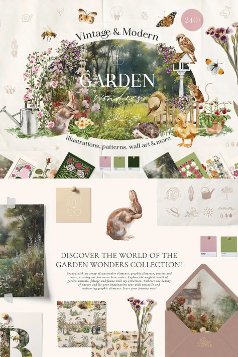 Garden Wonders Watercolor Collection Graphics Flower Website Design, Garden Graphic Design, Graphic Elements Design, Watercolor Graphic Design, Card Graphic Design, Canva Idea, Cute Graphic Design, Collect Art, Floral Graphic Design