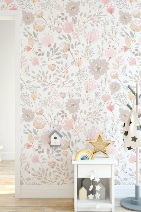 Pastel Pink Flowers Wallpaper, Toddler Girl Wallpaper, Pastel Pink Flowers, Girls Bedroom Wallpaper, Girls Room Wallpaper, Floral Wall Decals, Pink Flowers Wallpaper, Boho Garden, Wallpaper Pastel