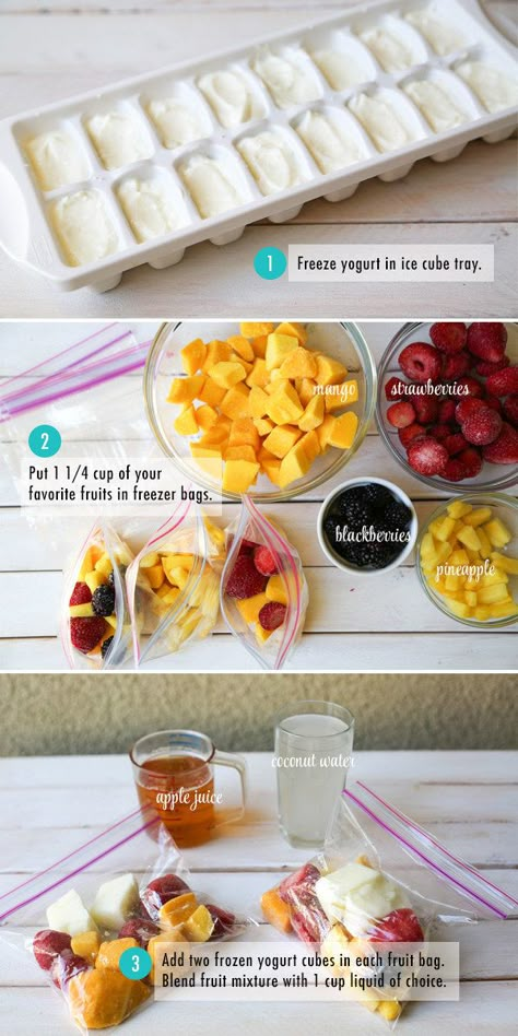 Make smoothie packs using frozen yogurt cubes and fresh fruit, so you have a delicious breakfast every morning for the full work or school week. Diy Smoothies, Freezer Smoothie Packs, Freezer Smoothies, Resep Smoothie, Preworkout Snack, Smoothie Packs, Resep Diet, Smoothie Prep, Best Smoothie Recipes