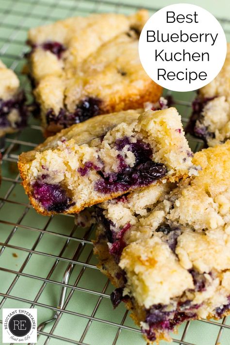 Enjoy a piece of Best Blueberry Kuchen Recipe with breakfast or tea; a moist snack cake with plump fresh or frozen blueberries! #blueberrykuchen #kuchen #bestblueberrykuchen #reluctantentertainer Frozen Blueberry Recipes, Traditional German Desserts, Blueberry Crunch, Blueberry Cobbler Recipes, Blueberry Coffee Cake, Breakfast Goodies, Blueberry Recipes, 9x13 Baking Dish, Cobbler Recipes