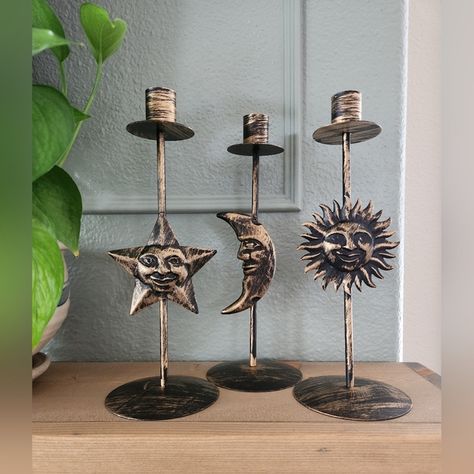 Vintage Celestial Sun Moon & Stars Metal Candle Holders Bachelor Studio Apartment, Moon Candle Holder, Celestial Home Decor, Thrift Manifestation, Vintage Celestial, Star Candle Holder, Moon Candle, Celestial Sun, Moon Decor