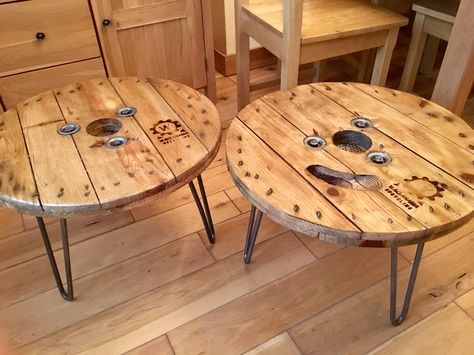 Twins cable drum coffee tables Cable Drum Coffee Table, Cable Reel Table, Cable Drum Table, Wire Spools, Hairpin Table Legs, Garden Spa, Hairpin Table, Cable Drum, Hairpin Leg Table