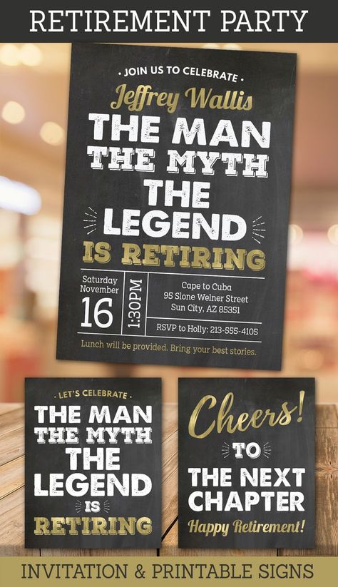 The Man, The Myth, the Legend is Retiring - Retirement Party Invitation Work Retirement Party Ideas, Retirement Gifts For Dad, Invitation Design Inspiration, 60th Birthday Party Decorations, Retirement Party Invitation, Retirement Invitation, Retirement Invitations, Retirement Party Decorations, Retirement Party Invitations