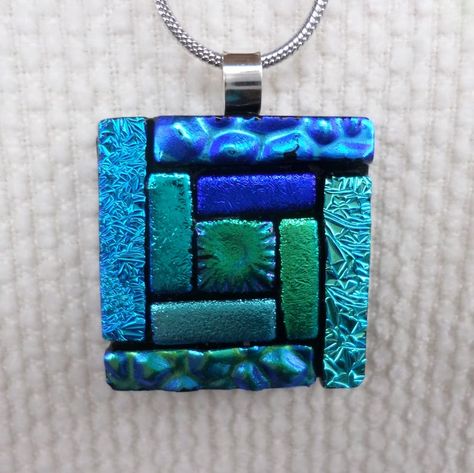 Blue Dichroic Glass Mosaic Pendant - Etsy Fused Glass Jewelry Dichroic, Glass Pendent, Dichroic Jewelry, Dichroic Glass Jewelry, Dichroic Pendant, Glass Fusion Ideas, Fused Glass Artwork, Rainbow Fish, Glass Fusion