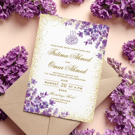 Arabic Border, Eid Mubarak Aesthetic, Purple Wedding Card, Spanish Wedding Invitations, Purple And Gold Wedding, Muslim Wedding Invitations, Digital Invitations Wedding, Mehndi Ceremony, Floral Cards Design