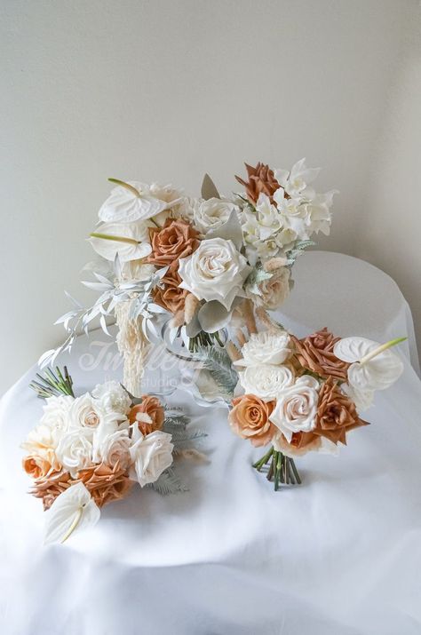 Lush tones of white and ambers creating a visual feast of warm neutrals. Featuring white orchids, preserved elements and toffee roses Bohemian Bridal Bouquet, Toffee Rose, Toffee Roses, Rose Bridesmaid Bouquet, Simple Wedding Bouquets, Orchid Bouquet, Orchid Wedding, Bohemian Bridal, Wedding Set Up