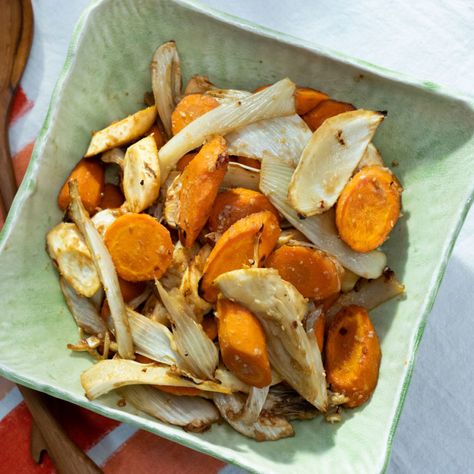 Miso Maple Roasted Root Vegetables by Katie Lee Miso Veggies, Miso Sauce Recipe, Root Vegetables Recipes, Miso Sauce, Roasted Root Veggies, The Kitchen Food Network, Tv Recipes, Vegetables Food, Miso Paste