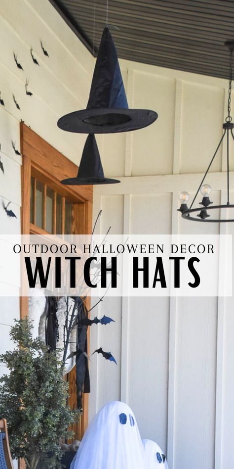 outdoor floating witch hats Witches Hat Front Porch, Witch Hat Door Decor, Halloween Decorations Diy Outdoor Porch, Halloween Witch Hat Decor, Halloween Hanging Witch Hats, How To Hang Floating Witch Hats, How To Hang Witches Hats On Porch, Witch Hat Porch Decor, Witch Theme Halloween Decor Outside