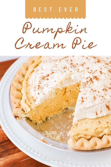 A light and fluffy spiced pumpkin filling topped with whipped cream and surrounded by a flakey pie crust, this is Pumpkin Cream Pie! Pumpkin Cream Pie Pioneer Woman, Fall Cream Pie Recipes, Pumpkin Whip Pie, White Pumpkin Pie From Scratch, Frost On The Pumpkin Pie, Pumpkin Pie Recipe With Pumpkin Pie Spice, Pumpkin Crème Pie, Pumpkin Pie Pumpkins, Thanksgiving Cream Pie