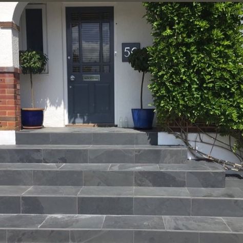 😍 📸 Get your steps in order! Stunning Slate steps giving great curb appeal  More Details : http://tiny.cc/tdw17y  #slate #steps #naturalstone #greyslate Slate Steps, Slate Tile Front Porch, Outside Tiles Front Porches, Front Porch Stone Steps, Garage Steps, Front Garden Ideas Driveway, Outdoor Tile Patio, Front Porch Stone, Slate Patio