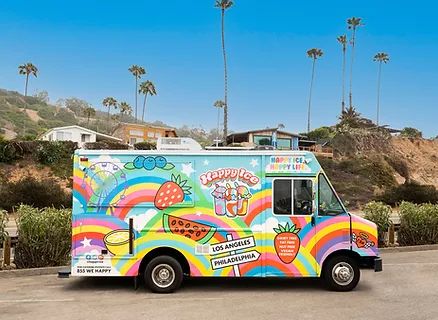 Catering | Happy Ice | Los Angeles Ice Cream Food Truck Design, Soft Serve Food Truck, Churro Stand, Ice Cream Truck Design, Foodtruck Design, Ice Cream Van Design, Ice Creame, Ice Cream Truck Box Car, Ice Truck