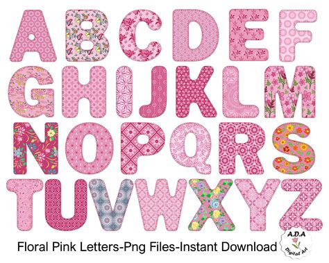 Letters For Scrapbooking, Floral Font Alphabet, Letters For Collage, Letter Alphabet Fonts, Pink Letters Alphabet, Cute Alphabet Letters, Scrapbook Lettering, Floral Alphabet Letters, Cute Fonts Alphabet