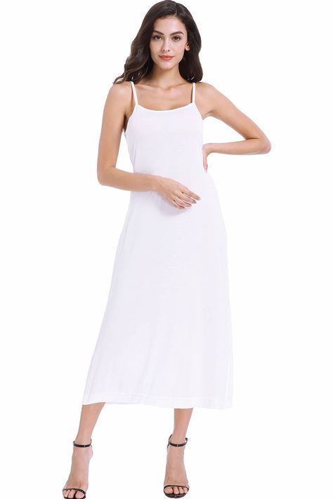 Women Long Adjustable Spaghetti Strap Full Cami Slip Camisole Under Dress Liner Nightgown Lace Sleeve Top, Long Slip, Casual Tie, Club Night, Sleeveless Long Dress, Camisole Dress, Maxi Slip Dress, Under Dress, Sheer Dress