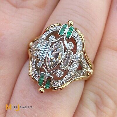 ad eBay - Vintage Lesko 14KYG Platinum Deco 0.84cts Diamond 0.04cts Emerald Ring Size 5.5 - Buy Now, click the link (eBay) Antique Jewelry Rings, Style Deco, Ring Style, Emerald Ring, Jewelry Trends, Vintage Watches, Statement Jewelry, Artisan Jewelry, Silver Bracelets