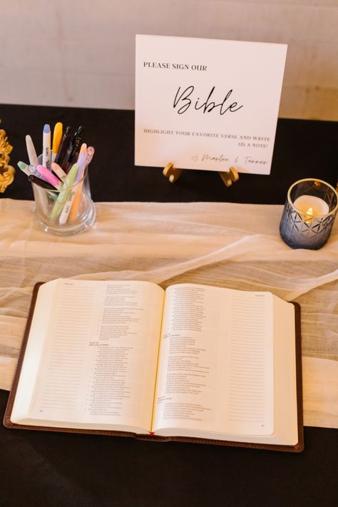 Christian Guest Book Ideas, Bible At Wedding Reception, Cheap Wedding Diys, Guest Book Bible Sign, Wedding Signing Book Ideas, Wedding Guest Bible, Guest Wedding Sign In Ideas, Christian Wedding Ideas Decor Receptions, Homey Theme Wedding