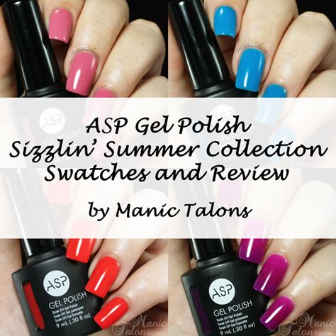 http://www.manictalons.com/2014/07/asp-gel-polish-sizzlin-summer-collection.html ASP Gel Polish Sizzlin' Summer Collection Asp Nail Gel Polish, Asp Gel Polish Colors, Asp Gel Polish, Gel Polish Swatches, Talon Nails, Gel Polish Manicure, Nail Swatches, Nail Polish Swatches, Polish Colors