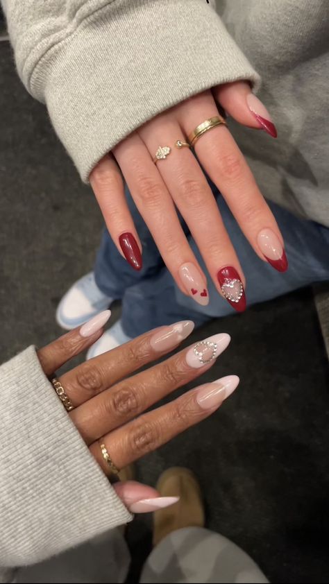 Nails To Match Every Outfit, Red Nail Gem Designs, Renee Rapp Nails, Fuerza Regida Nails, Nails One Hand Different Color, Red Nails With Design Ideas, Cute Elegant Nails, Simple Red Nail Designs, Matching Bestie Nails