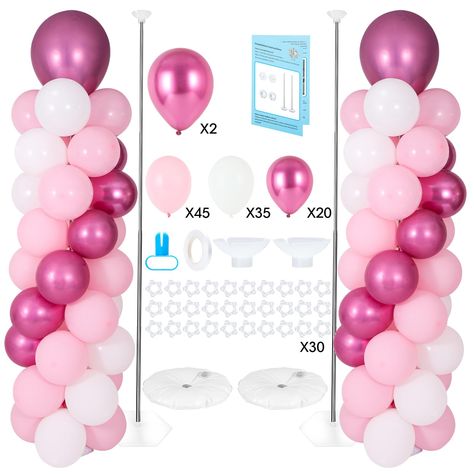 PRICES MAY VARY. 🎁102Pcs Balloons Included- Lanboon balloon column stand packed in a comprehensive box that included everything you need even 102pcs BALLOONS. The balloon stand kit: stainless steel telescopic rod x 2, base x 2, top cup x 2, water bag x 2, balloon clip x 30, knotter x 1, 10 meters ribbon x 1, user guide x 1. The balloons list: 10” pink x 45, 10” white x 35, 10” metallic hot pink x 20, 18” metallic hot pink x 2, so you don’t need to spend extra time to buy any balloons. 🎀Balloon Lounge Birthday Party Decor, Balloon Tower Stand, Birthday Ballon Decorations, Minnie Mouse Balloon Arch, Sweethearts Dance, Balloon Column Stand, Simple Balloon Decoration, Pink Balloon Arch, Balloon Arch Backdrop