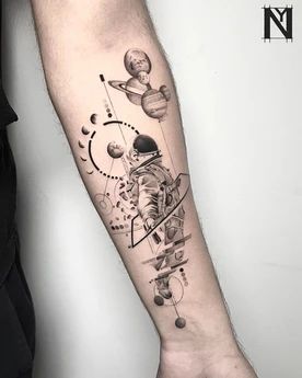 by Noam Yona נועם יונה | NOAM YONA Astronomical Tattoo, Space Tattoo Sleeve, New Tattoo Styles, Tattoo Perna, Astronaut Tattoo, Stylish Tattoo, Elbow Tattoos, Geometric Tattoos, Geometric Tattoo Design