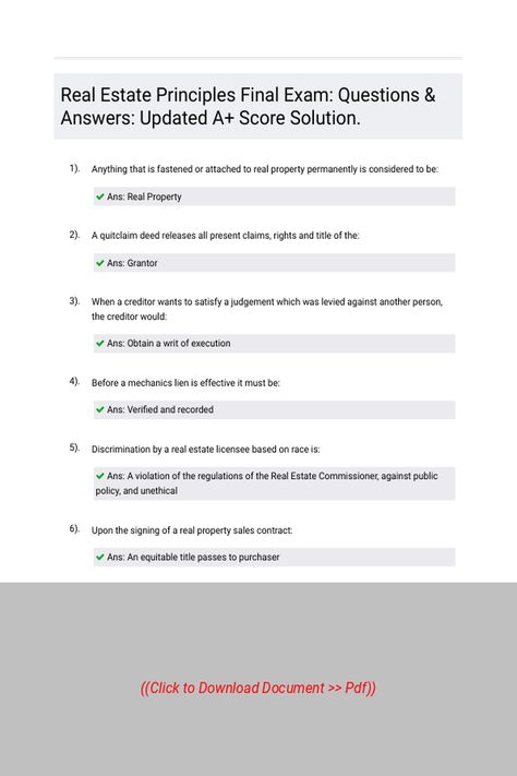 Real Estate Principles Final Exam Questions amp Answers Updated A Score Solution 
 Follow Link above to Download the document (pdf)