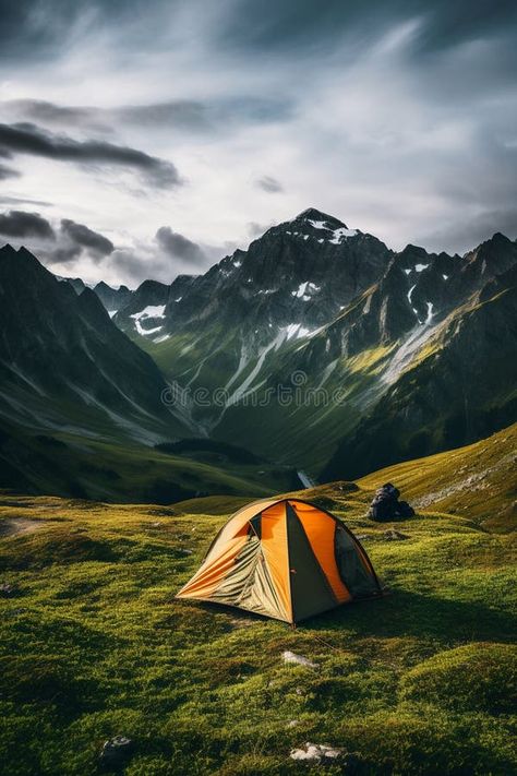 A tourist camp in the mountains, a tent in the foreground.Generative AI stock images Tree Landscape, In The Mountains, The Mountain, Stock Illustration, Tent, Stock Images, Camping, Quick Saves