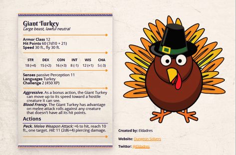 Spice up your Thanksgiving D&D games with a bloodthirsty, relentless, apex predator. That's right a CR 2 Giant Turkey is the perfect beast to unleash on your party! Dnd Thanksgiving, Turkey Monster, Christmas Dnd, Dm Dnd, D D Monsters, Dnd Monsters, Apex Predator, Dungeons And Dragons Characters, Girls Play