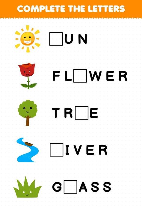 Education game for children complete the letters from cute cartoon sun flower tree river grass printable nature worksheet Nature Worksheets For Preschool, Nature Worksheets For Kids, Flowers Worksheet, Nature Worksheets, Nature Worksheet, Grass Printable, Dream Environment, 1st Grade Activities, Cartoon Sun