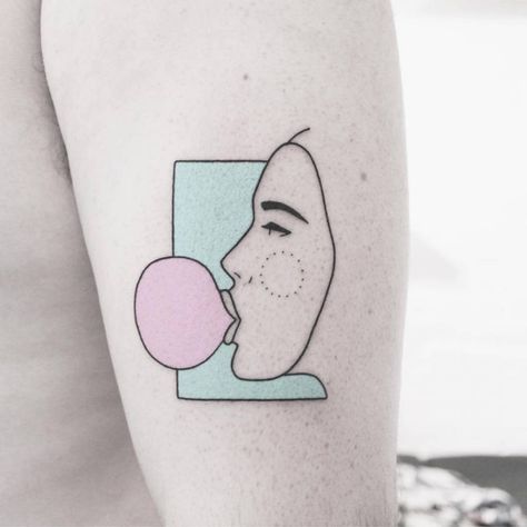 Woman blowing a bubblegum bubble tattoo on the left upper arm. Blowing Bubbles Tattoo, Bubblegum Tattoo, Bubble Tattoo, Tattoo Dotwork, Handpoke Tattoo, Wolf Tattoo Design, Hand Poked Tattoo, Tattoos Skull, Modern Tattoos